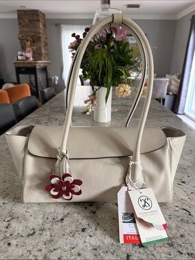 Cream Leather Shoulder Bag with Floral Charm NEW